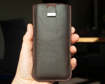 Brown Italian Leather Case for iPhone, Magnetic Pull Band. Choose your size.