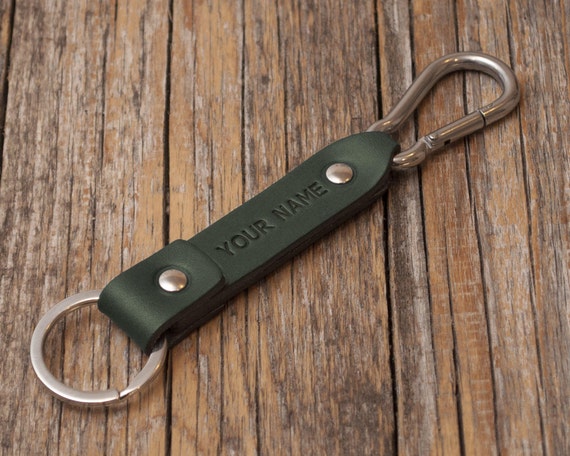 Blue Orange Leather key chain Personalized Monogram Your Name carabine holder