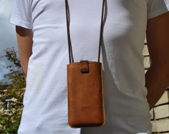 Brown Leather Pouch Sleeve for Nothing Phone, Free Personalisation, Case Adjustable Neck Strap
