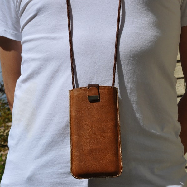 Brown Leather Pouch Sleeve for Nothing Phone, Free Personalisation, Case Adjustable Neck Strap