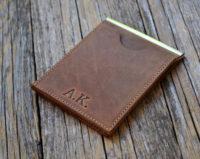 Personalised Thin Bifold Wallet, Bovine Leather Cash Clip Banknote Holder