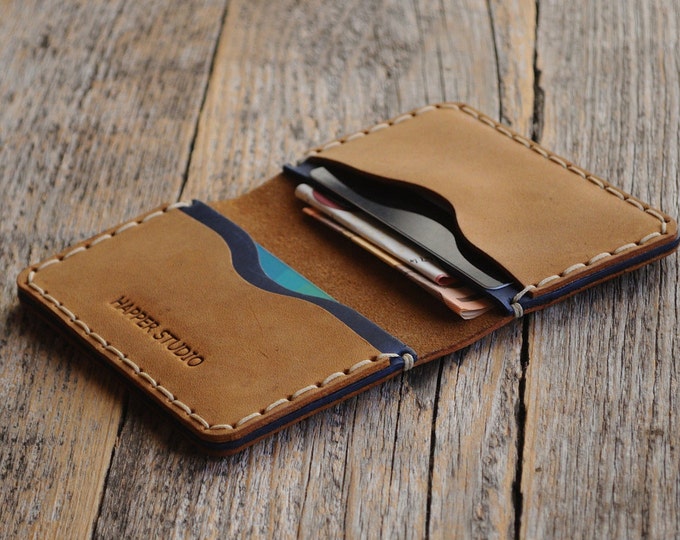 Brown and Blue Leather Wallet. Rustic Style, Unisex Pouch Kartenhülle. Credit Card Holder. Pockets for Cash or ID. FREE Personalisation