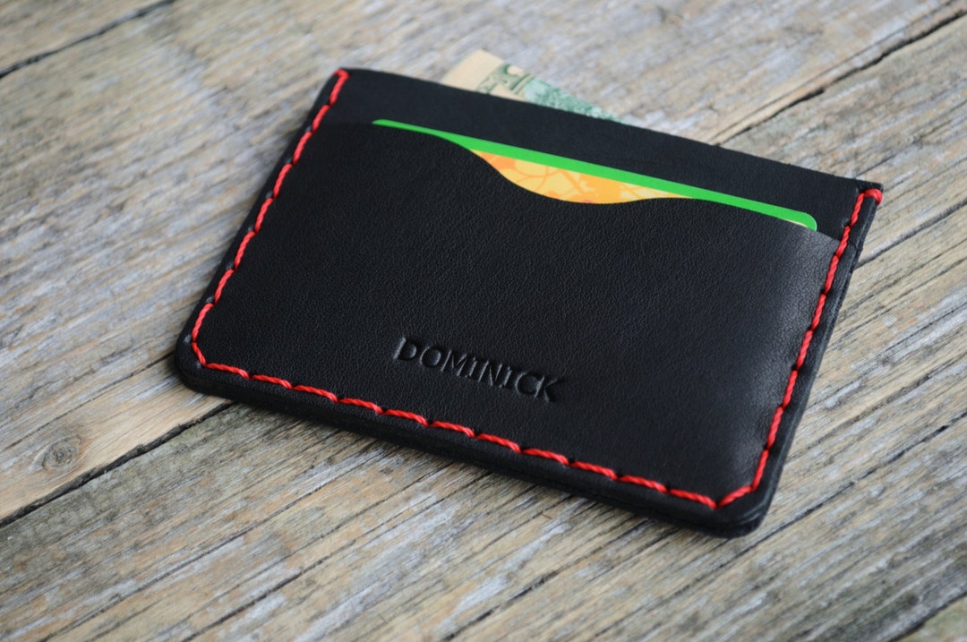 Black Leather Wallet With Red Stitching Credit Card Cash and - Etsy
