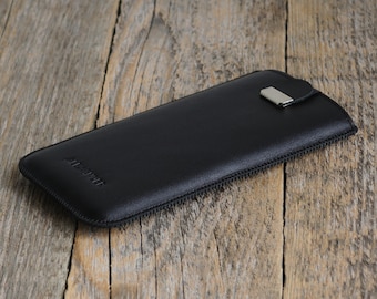 Italian Leather Case for OnePlus, Black Pouch with Magnetic Pull Band, FREE Personalization