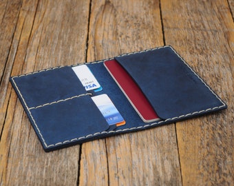 Blue Genuine Leather Passport Cover, Cards Holder with Secure Wallet Cover Case Personalized Your Name, Travel Wallet
