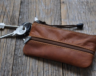 Brown Leather Keys Holder, Key Case, Zipper Pouch, Keychain Wallet