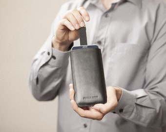 Black Italian Leather Case for Fairphone, Magnetic Pull Band, Slip Protective Pouch, FREE Personalisation