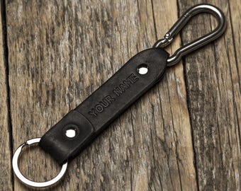 Black leather key chain, stainless steel carabiner clip, custom text, FREE personalisation, key chain, boyfriend fob holder
