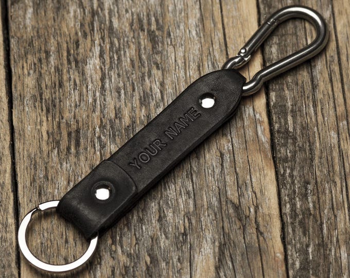Black leather key chain, stainless steel carabiner clip, custom text, FREE personalisation, key chain, boyfriend fob holder