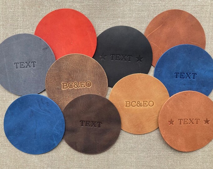 Personalised Leather Coasters Diameter 10 cm.  Drinks Mats. Round Ø4". Each Crazy Horse Leather is Unique with Natural Markings.