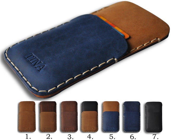 Leather Case for iPhone, Pouch Sleeve with Credit Card Holder, Free Personalisation