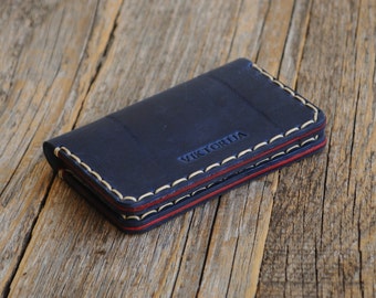 Blue and Red Leather Wallet. Credit Card Holder. Pockets for Cash or ID. Bi-Fold Unisex Purse. FREE Personalization