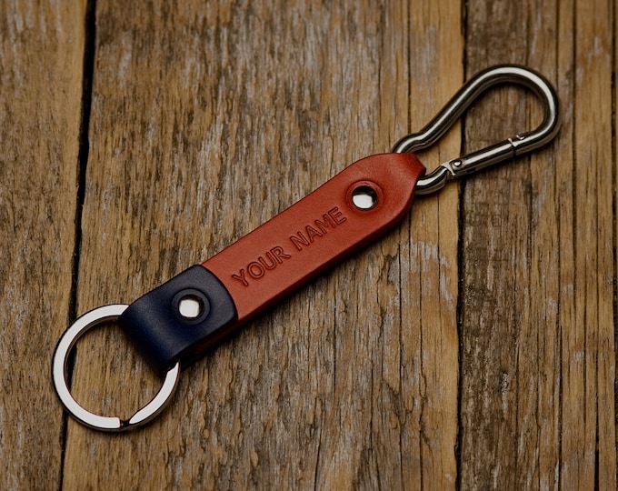 Red and blue leather key chain, stainless steel carabiner clip, custom text, FREE personalized key chain, boyfriend fob holder