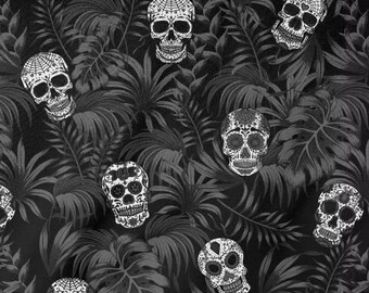 tissu polyester têtes de mort noir et blanc 50x70 cm