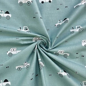 Sage green cars cotton fabric 50x80 cm