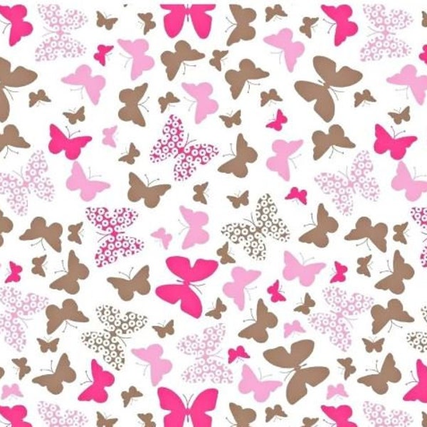 Tissu coton papillons rose et taupe 50x70cm