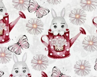 Children's cotton fabric rabbits and girl flowers 50x80cm