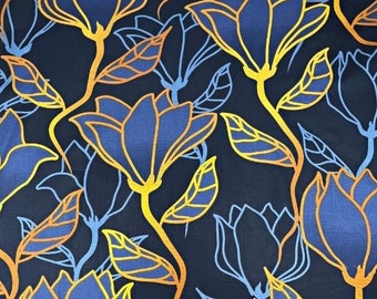 Blue and mustard floral cotton fabric 50x80cm