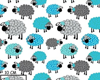 Tissu coton enfant moutons turquoises 50x80 cm