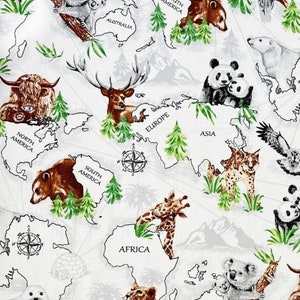 Children&#39;s cotton fabric animals of the world 50x80 cm