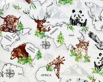 Children's cotton fabric animals of the world 50x80 cm