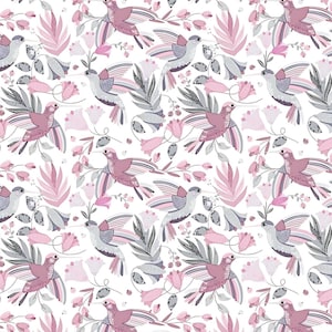 Tessuto di cotone colibrì grigio e rosa 50x80 cm