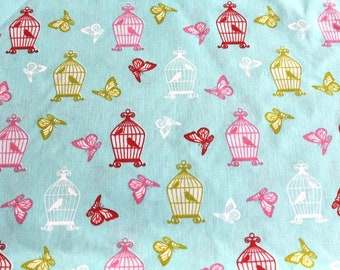 Coupon tissu déco cage à oiseaux et papillons  50x70 cm