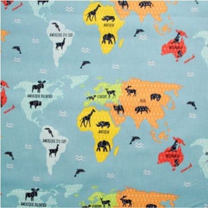 Tissu enfant animaux et carte du monde 50x80 cm