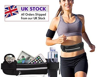 Sports Waist Bum Bag –  Water-Resistant Running, Jogging, Walking Belt for Men & Women. Zipped Pocket for Large Phones, Keys and Cash