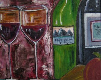 Original Artwork, Oil Painting of Still Life: Wine, Grapes, Fruit.. Artist Signed, Framed 13.5"(w)x25.5"(h), & Ready to Display