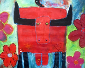 BULL Grande peinture acrylique peinte à la main 40 x 40 po. Art original Tauromachie Macho Roter Stier