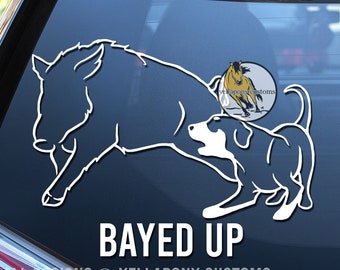 Bayed Up Hog Hunting Permanent Vinyl Window Decal, Hog Hunter Decal, Catahoula Hog Dog Decal, Hog Hunting Dog Sticker for Car, Truck, Laptop
