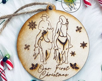 Romantic Couples "Our First Christmas" Rustic Wooden Horse Riding Ornament | Rodeo | Equestrian | Ranch | Horseback | Anniversary | |Decor
