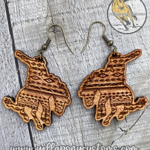 Wooden Aztec Bucking Horse Earrings, Lightweight Rodeo Earrings for Punchy Cowgirl, Bronc Rider Western Horse Jewelry, Western Gift for Her
