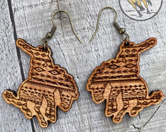 Wooden Aztec Bucking Horse Earrings, Lightweight Rodeo Earrings for Punchy Cowgirl, Bronc Rider Western Horse Jewelry, Western Gift for Her