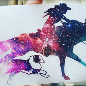 Running Horse, Cowgirl, Australian Shepherd Dog Decal, Aussie Dog Sticker, Western Rodeo Equestrian Equine Car, Horse Trailer Decal Sticker