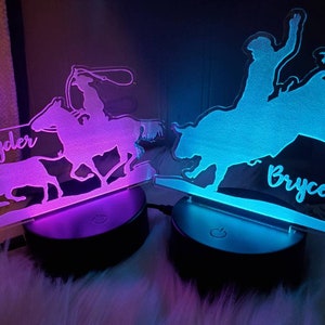 Personalized Western Cowboy/Cowgirl & Horse Roping OR Bull Rider Night Light, Color Changing LED Ranch Light, Rodeo Gift for Him, Horse Gift