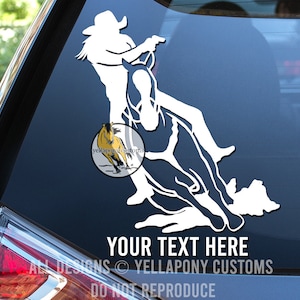 May include: White silhouette of a person riding a horse, with the text "YOUR TEXT HERE" and "ALL DESIGNS © YELLAPONY CUSTOMS DO NOT REPRODUCE" below.