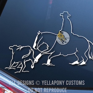 May include: White vinyl decal featuring a cowboy on horseback roping a steer. The design includes a cowboy hat and the text "ALL DESIGNS © YELLAPONY CUSTOMS DO NOT REPRODUCE". The decal is suitable for application on a car window or other smooth surface.