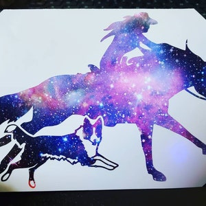 Border Collie Dog and Running Horse Cowgirl High Quality Window Sticker for Car, Horse Trailer, Truck, Border Collie Gift Western Horse Gift