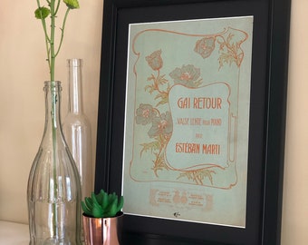 Vintage Sheet Music Cover – framed and mounted – 'Gai Retour' Esteban Marti.