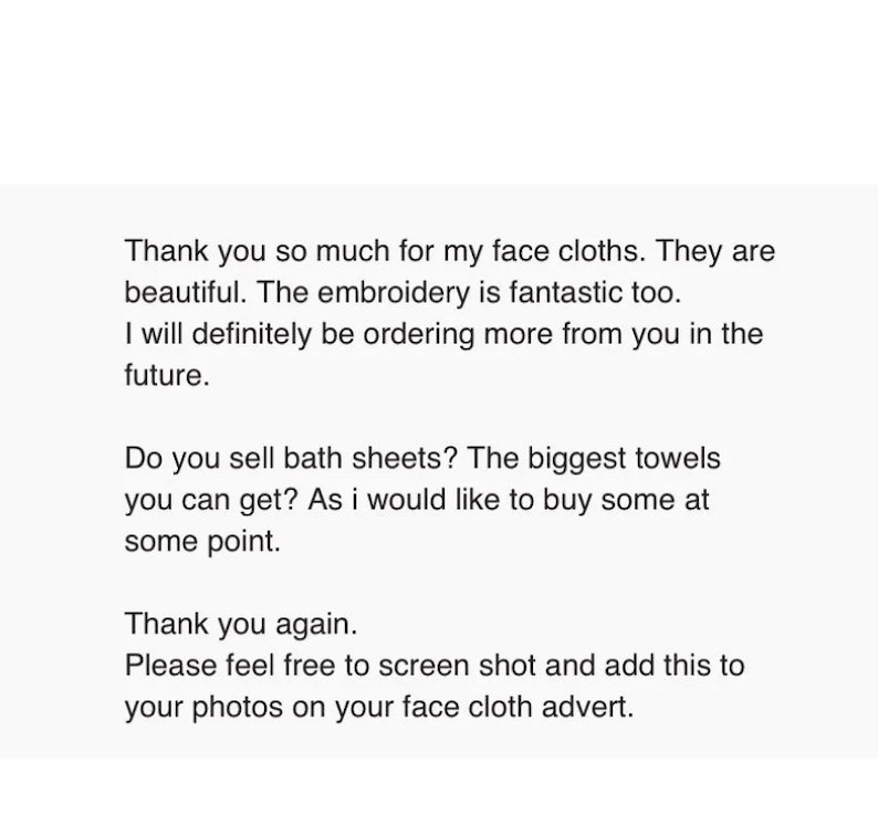 Puede incluir: Mensaje de texto agradeciendo a un vendedor por las toallitas faciales y preguntando si vende s&aacute;banas de ba&ntilde;o. El mensaje tambi&eacute;n pide al vendedor que agregue el texto a su anuncio de toallitas faciales.