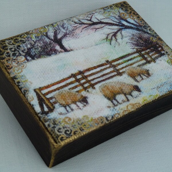 Winter  Sheep Aceo wood block, Sheep in snow aceo print. white snowscape Rustic wood art, Hand Finished print, original miniature ACEO,