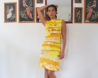 Vintage 60s 70s Yellow Orange Purple Abstract Psychedelic Print Shift Dress Small