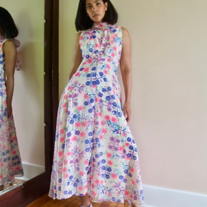 Vintage 60s White Neon Floral Sheer Chiffon Gown Maxi Party Dress