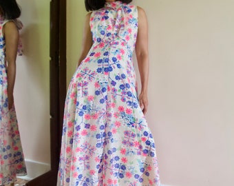 Vintage 60er Jahre weiß Neon Floral schiere Chiffon Kleid Maxi Party Kleid