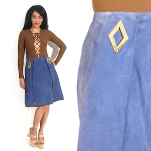 Vintage 70s Blue Suede High Waist Skirt Gold Hardware Diamond Cutout Avant Garde