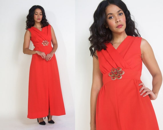 Vintage 60s 70s Orange Red Holiday Party Maxi Dre… - image 1