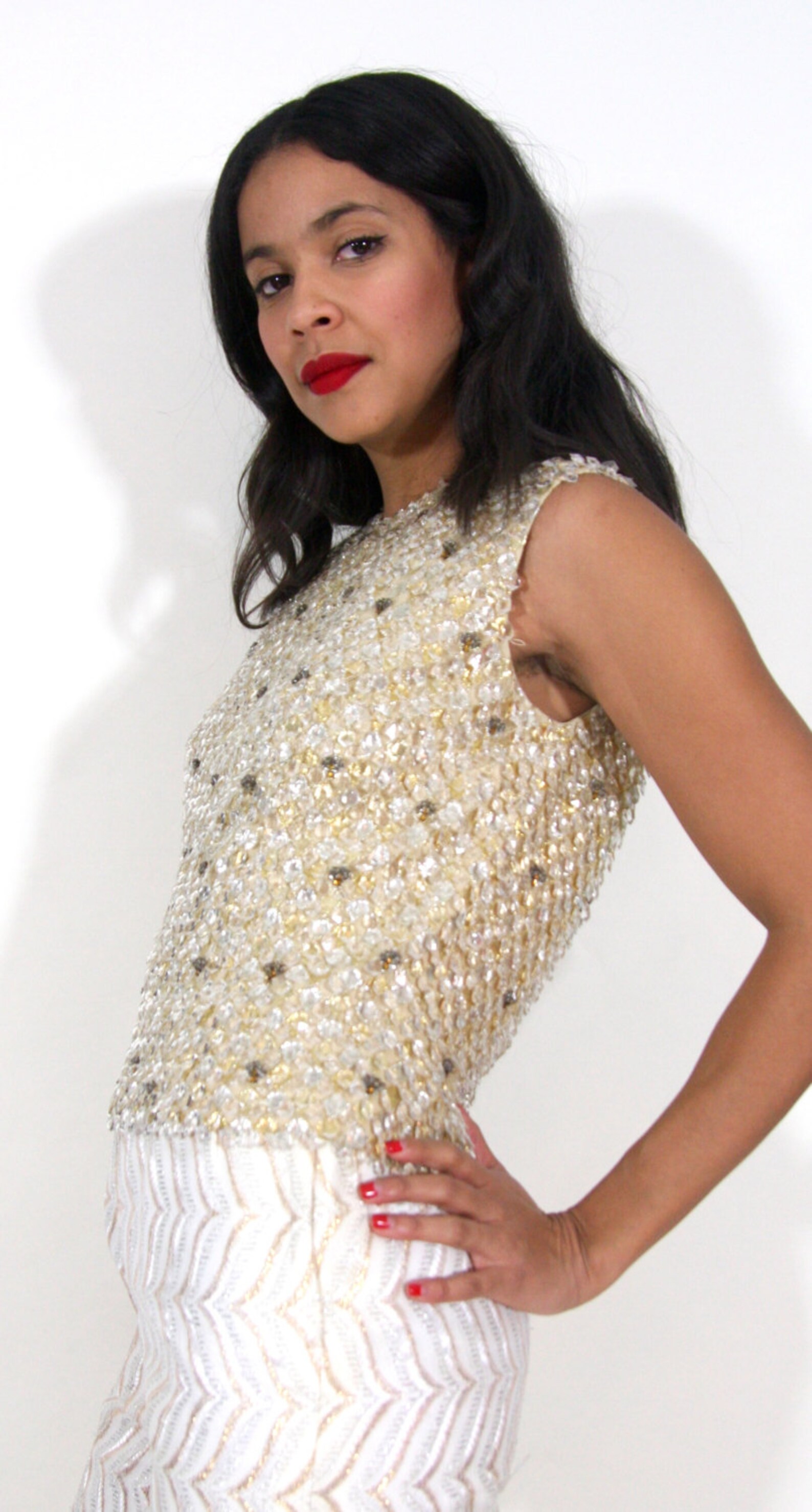 Vintage 50s Beaded Jeweled Crystal White Gold Shell Top Blouse Etsy