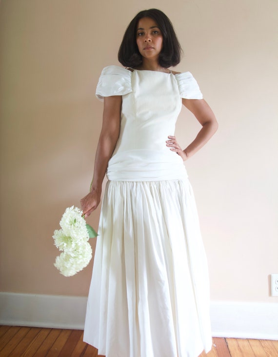 Vintage 80s 90s White Cotton Taffeta Drop Waist Of